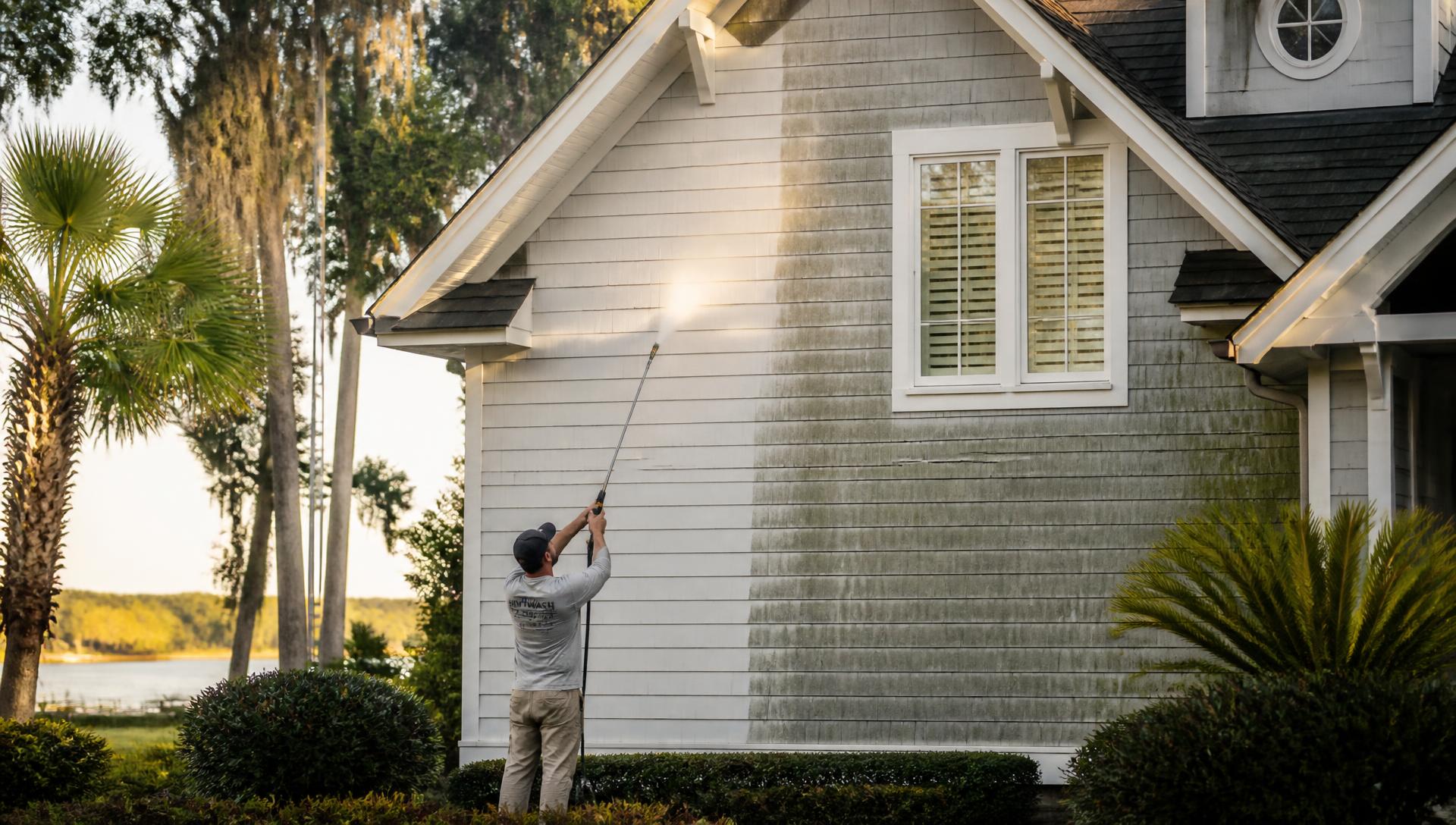 K&R Luxe Detailing technician soft washing a Lowcountry home on Hilton Head Island